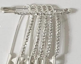 6 X Fancy Golden Silver Colour Diamonds Saree Pin One Side Of Safety Pins