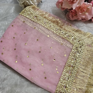 Gold Paste Printed Net Wedding Dupatta: Pakistani Indian Bridal Veil Gotta Kiran Lace Light Pink