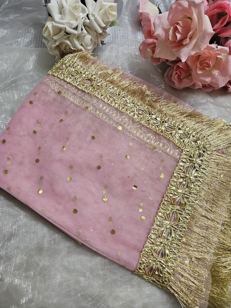 Gold Paste Printed Net Wedding Dupatta: Pakistani Indian Bridal Veil Gotta Kiran Lace Light Pink