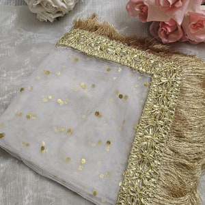 Gold Paste Printed Net Wedding Dupatta: Pakistani Indian Bridal Veil Gotta Kiran Lace White