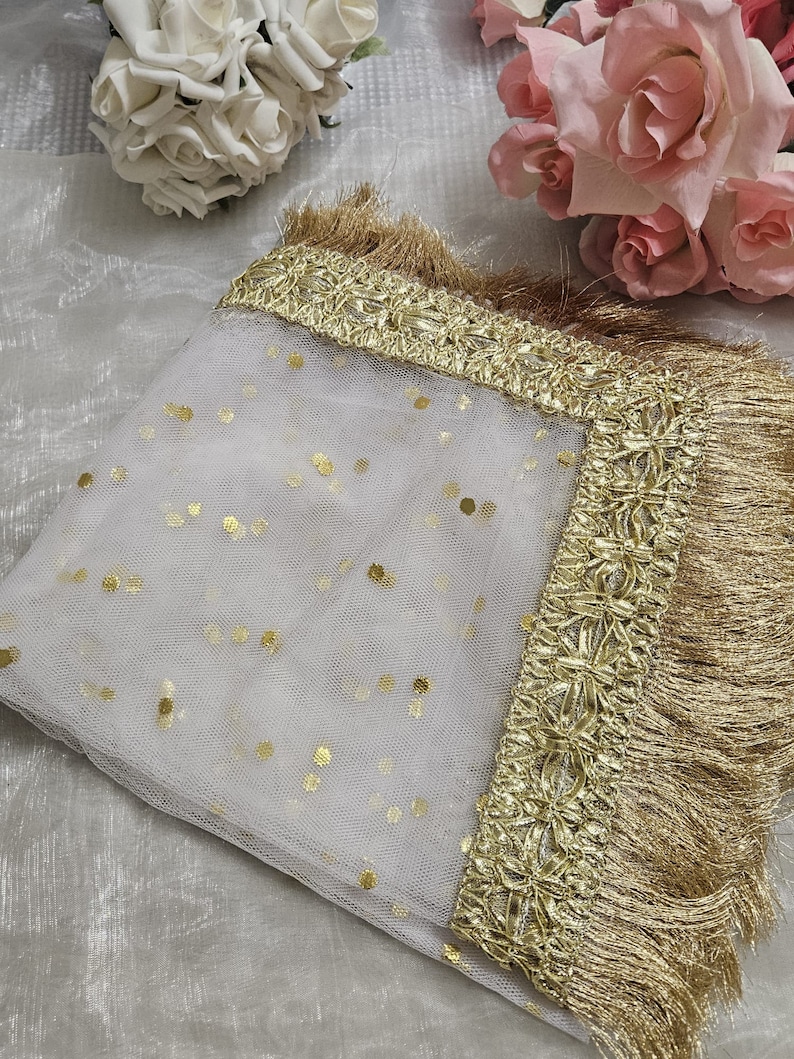Gold Paste Printed Net Wedding Dupatta: Pakistani Indian Bridal Veil Gotta Kiran Lace White