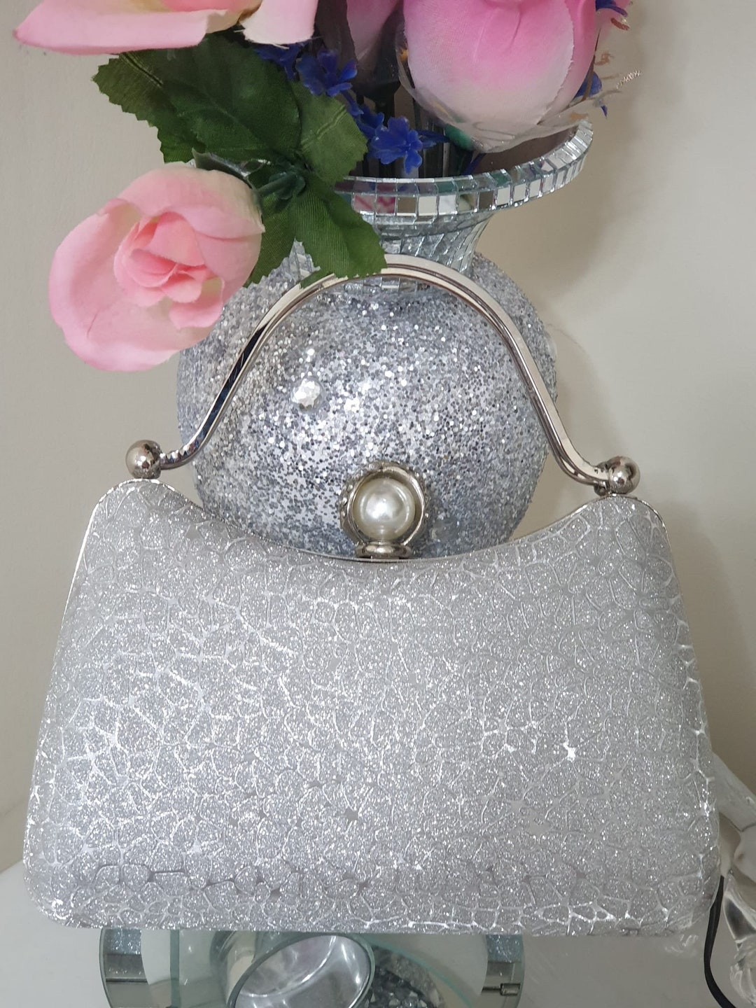 Clutch Bag Silver Coloured Evening Shoulder Bag Sparkly Structured Handbag  Prom Handbag