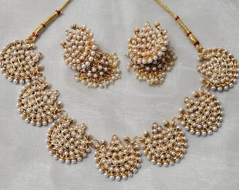 Indian Bollywood Style Gold Finish Manjoos Style Kundan Pearls Choker Necklace Jhumki Set Jewellery Set Pearls Necklace Indian Jewellery