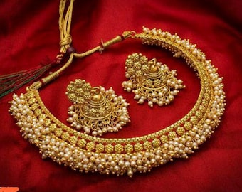 Indian Bollywood Style Gold Finish Manjoos Style Gajra Pearls Choker Necklace Jhumki Set Jewellery Set Pearls Necklace