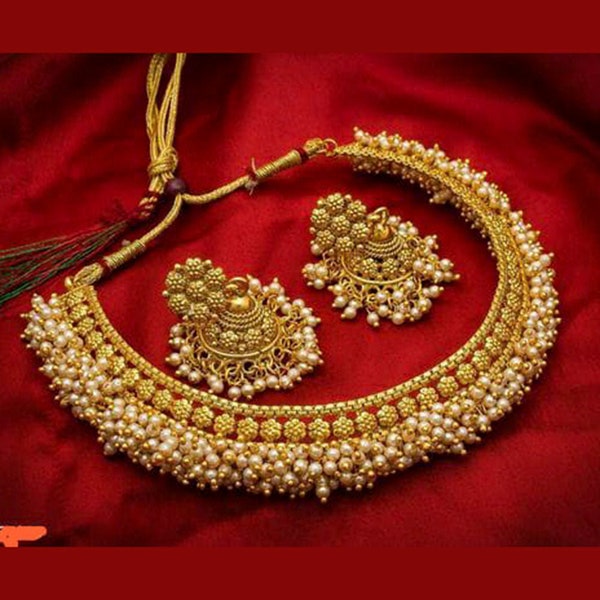 Indian Bollywood Style Gold Finish Manjoos Style Gajra Pearls Choker Necklace Jhumki Set Jewellery Set Pearls Necklace
