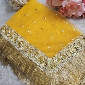 Gold Paste Printed Net Wedding Dupatta: Pakistani Indian Bridal Veil Gotta Kiran Lace Yellow