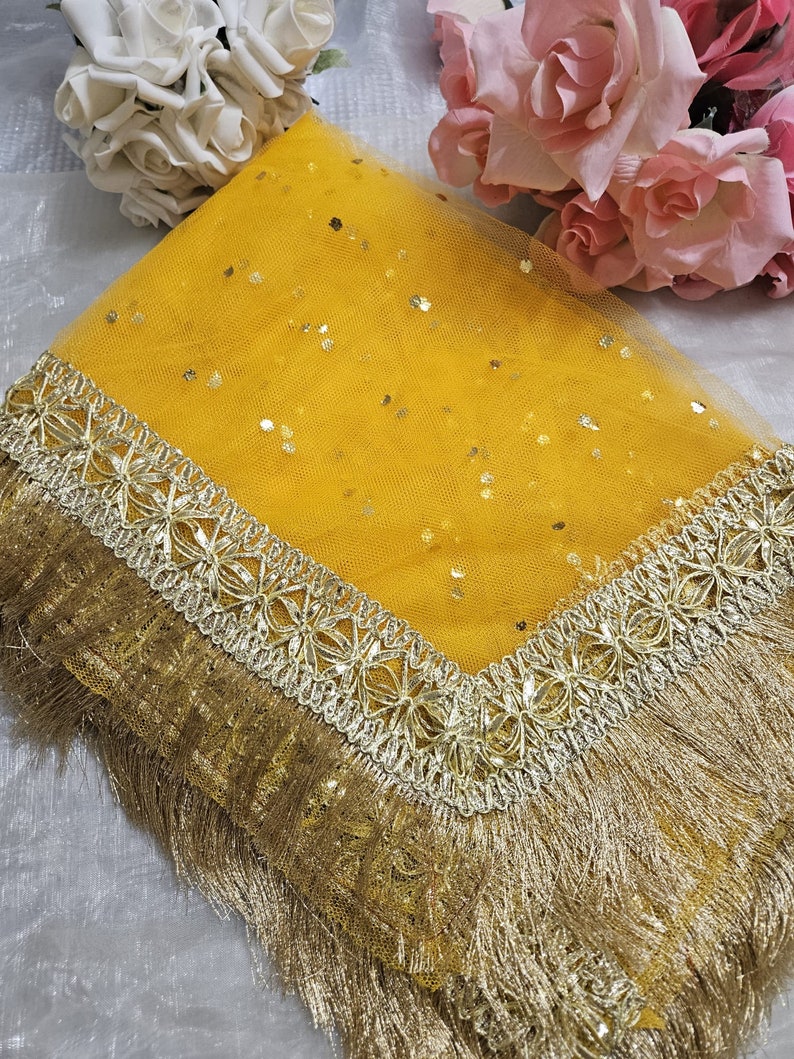 Gold Paste Printed Net Wedding Dupatta: Pakistani Indian Bridal Veil Gotta Kiran Lace Yellow