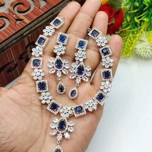 Fine Quality American Diamond With Indian Zircon Full Jewellery Set For Women Girls Silver Blue
