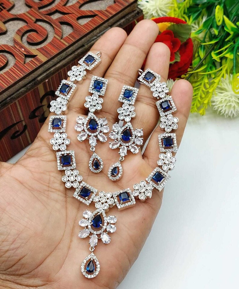 Fine Quality American Diamond With Indian Zircon Full Jewellery Set For Women Girls Silver Blue