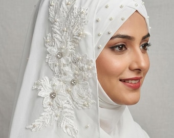 Pearl Flower Chiffon Hijab: Ready To Wear Party Scarf Instant Hijaab Islamic Scarf