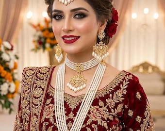 Gold Kundan Stone Bridal Jewelry Set: Pakistani Indian Choker, Pearls Mala, Tikka