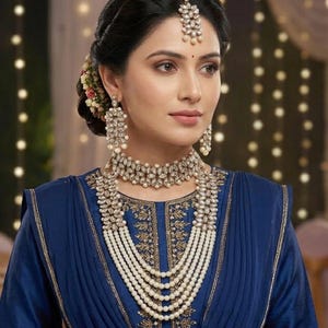 Pearls Multi layers Long Necklace Earrings Tikka teeka headpiece mala rani haar gold wedding bridal kundan style polki Bollywood jewelry