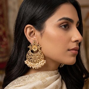 Gold Finish Kundan & Gajra Pearl Dangler Earrings Indian Jewelry