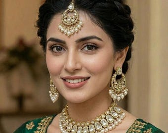 Gold Dull Shade Jewellery Luxury Designer Pota Stone And Beads Necklace Set Indian Jewelry Tikka