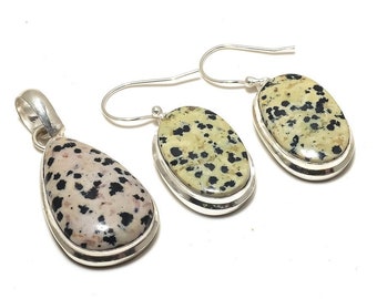 Natural Dalmatian Jasper Gemstone Jewelry Set - Ethnic Silver Plated Pendant & Earring Ensemble