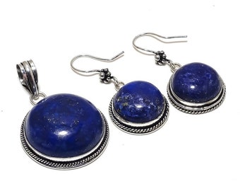 Lapis Lazuli Gemstone Handmade Jewelry Set - Women | Girl Ethnic Silver Plated Pendant | Earrings