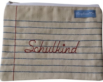 Schoolchildren's pencil case, pencil case, pencil case, junk bag, pencil case, girls' embroidery, beige, red, blue, back to school, 21 x 16 cm, jute