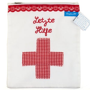 Medikamentenbeutel Medikamententasche Aufbewahrung Arznei Medikamente Weiß Rote Stickerei Letzte Hilfe Kariert Kreuz 23 x 28 cm Fair Trade