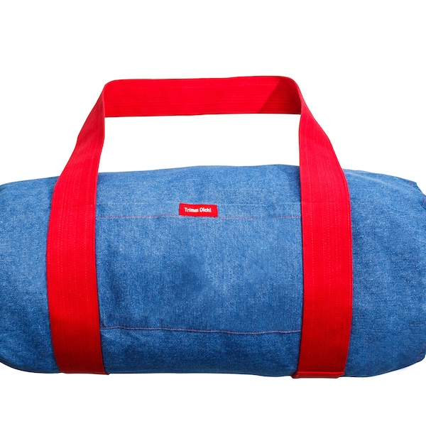 Sporttasche Tasche Sport Trainingstasche Trimm Dich fürs Training Unisex Jeans Beutel Umängetasche Henkel Blau 48 x 32 cm Rote Details