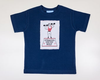 T Shirt Boys Girl Unisex Strongest Child Of the World Size 86 92 Blue White Print Cotton Fair Trade Ringelsuse