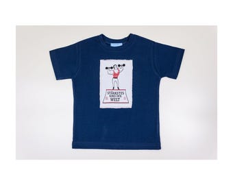 T Shirt Boys Unisex Strongest Child In The World Circus Print Muscle Man Funny Size 86-116 Blue White Print Cotton Fair-Trade Ringelsuse