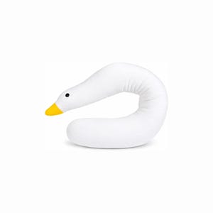 May include: A white plush pillow shaped like a curved goose neck and body. The pillow features a bright yellow beak and a small, round black eye. The soft, stuffed fabric forms a continuous, elongated loop that mimics the graceful posture of a goose.