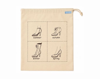 May include: A beige drawstring bag featuring a dark brown graphic print divided into four squares. Each square displays a different shoe style labeled with the corresponding season: summer, autumn, winter, and spring. A small blue tag is attached.