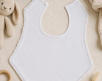 Fine baby bib white bib baby bib girl with lace border button special occasions wedding baptism fine solemn vintage cotton