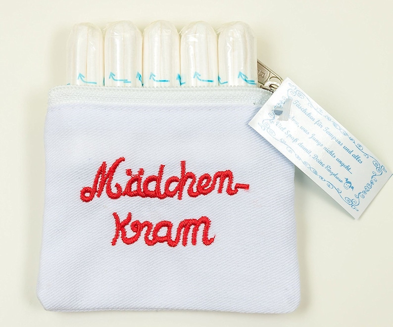 Tampon bag, tampon bag, storage for tampons, girls' stuff, 7 x 7 cm, white, red embroidery, cotton, fair production image 3