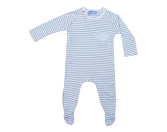 Baby pajamas, baby sleepsuit, sleep romper, onesie, pajamas, tired, I'm going to bed, blue and white striped, stripes, striped