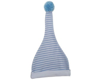 Baby pixie hat, baby pixie hat, hat with pom-poms, gnome hat, baby hat, blue, light blue, white striped, stripes with pom-pom, cotton