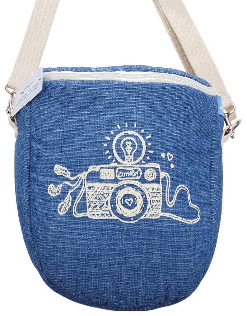 Blue camera bag for reflex cameras with a carrying strap and a beautiful print by german label Ringelsuse image 2