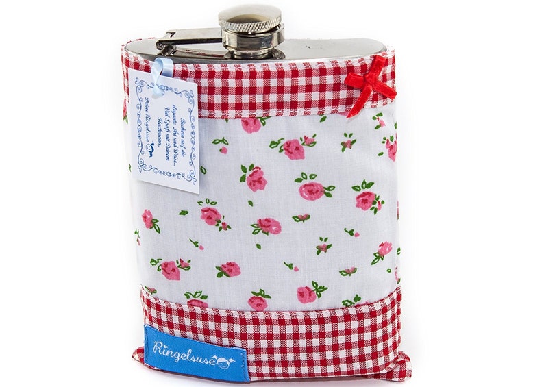 Flachmann Edelstahl mit Stoffhülle 210 ml 11 x 14 cm Blau Rot Rosa Damen Mädchen Schnapsflasche JGA Junggesellinnenabschied Flachmänner Bild 1