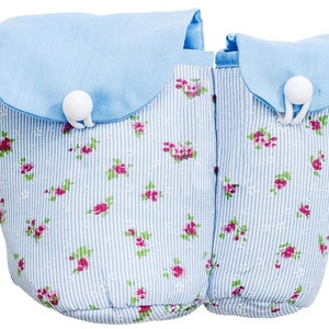 Dispenser per dischetti di cotone, sacchetto di cotone, tamponi di cotone, dischetti di cotone, dischetto di cotone da viaggio, fiori bianchi blu, 12 x 14,5 cm, pulsante