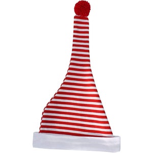 Peut inclure: Chapeau de Père Noël rayé rouge et blanc avec un pompon blanc.