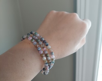 Stretch bracelet- watermelon tourmaline crystal bracelet- one of a kind unique gift for her- crystal jewelry- healing triple bracelet