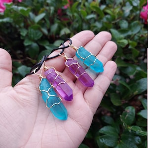 wire wrap crystal point necklace-handmade aura quartz crystal necklace-titanium purple blue aura crystal necklace-one of a kind jewelry