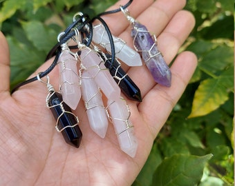 handmade wire wrap crystal point-healing stone necklace-crystal point necklace-small point necklace-amethyst-rose quartz-black obsidian-gift