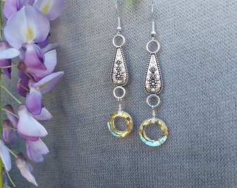 handmade swarovski crystalearrings -dangle earring-handmade jewelry-silver flower earring with crystal loop-one of a kind-pretty crystal