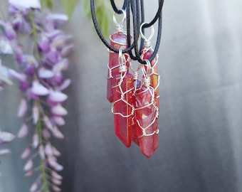 wire wrap crystal point necklace-handmade aura quartz crystal necklace-titanium red aura crystal necklace-one of a kind jewelry
