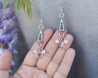 handmade swarovski crystal earrings -dangle earring-handmade jewelry-silver flower with crystal loop and pearl -one of a kind-pretty crystal