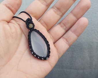 handmade macrame white cat eye pendant-cat eye cabochon necklace-healing stone jewelry-gift for her-unique gift-energy stone gift for her