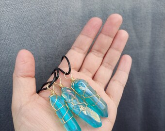 wire wrap crystal point necklace-handmade aura quartz crystal necklace-titanium blue aura crystal necklace-one of a kind jewelry