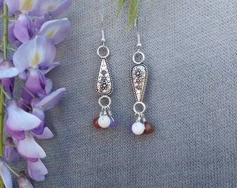 handmade crystal bead earrings -dangle earring-handmade jewelry-silver flower earring with crystal bead-one of a kind-pretty crystal jewelry