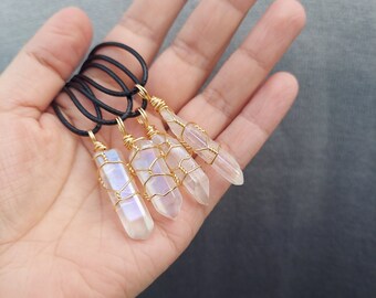 wire wrap crystal point necklace-handmade aura quartz crystal necklace-titanium clear aura crystal necklace-one of a kind jewelry