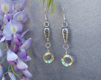 handmade swarovski crystalearrings -dangle earring-handmade jewelry-silver flower earring with crystal loop-one of a kind-pretty crystal