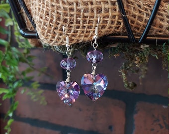 handmade swarovski crystal earrings -dangle earring-handmade jewelry-sparkle heart earring-one of a kind earring-pretty crystal jewelry