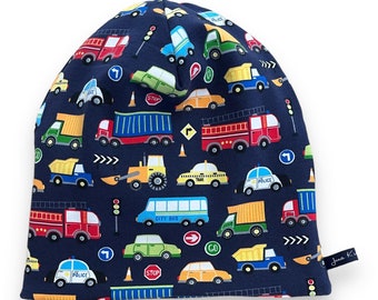 Beanie Hat "VariousVehicle" Vehicles Cars Construction Site Bus Truck Reversible Beanie Beanie Hat Loops in the Shop Juna Children's Fashion Dark Blue Yellow Colorful