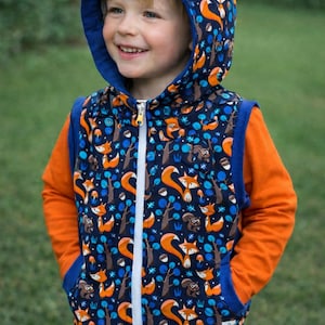 Cozy vest | Fox, foxes, squirrels | Sizes 62-92, 98-152 | Jersey, teddy fleece | Blue, orange, brown