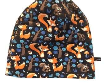 Bonnet "WoodenFoxes" renards écureuils bleu royal orange bonnet réversible | Bonnets | Chapeau | Boucle adaptée au magasin | Mode enfant Juna